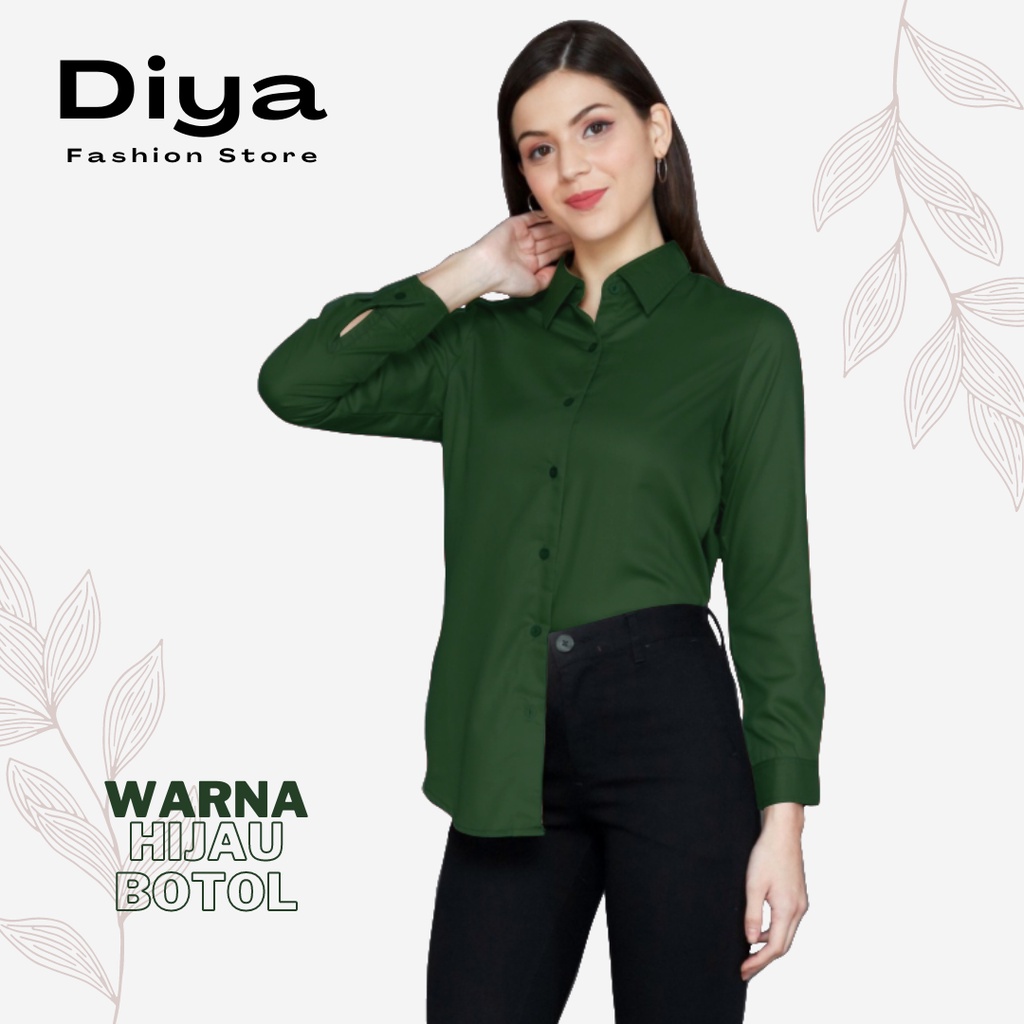 DiyaFashion Blouse Kemeja Wanita Korean Style Lengan Panjang Army Polos-HIJAU BOTOL