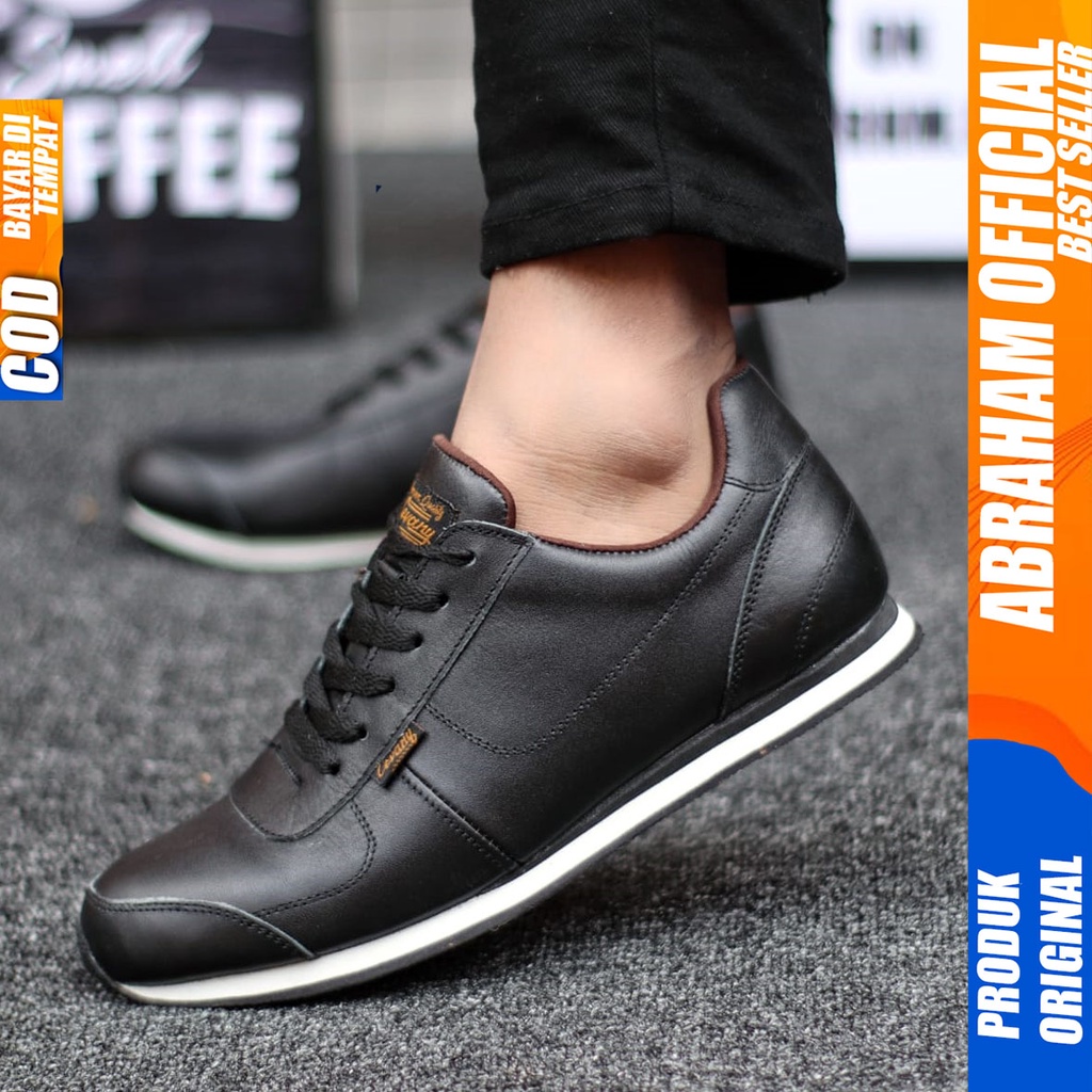 Sepatu Kulit Asli Sneakers Hitam Kerja Santai Pria Abraham Morley