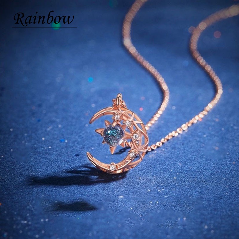 Kalung Rantai Klavikula Hias Liontin Bulan Bintang Model Hollow Bahan Zirkon Untuk Wanita