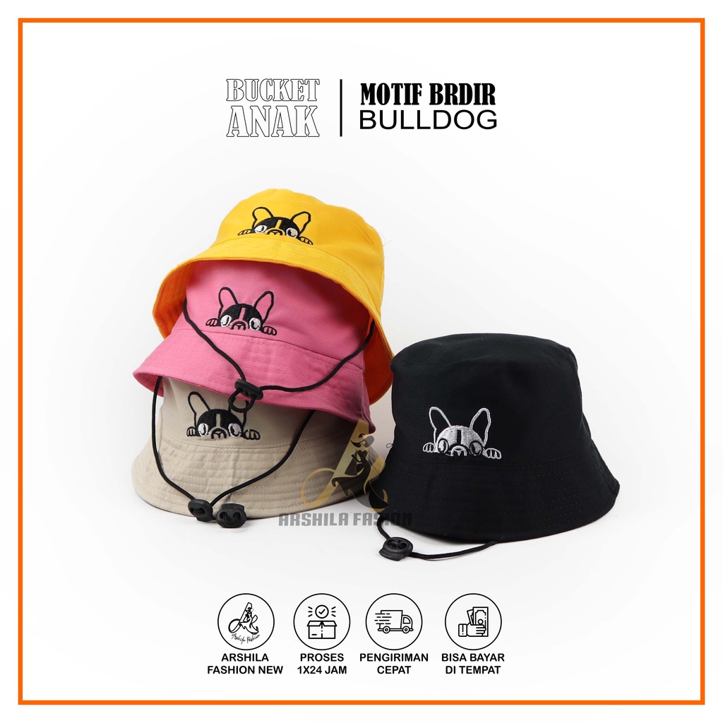 Topi Bucket Anak Tali Bordir Bulldog Anak Laki Laki Perempuan