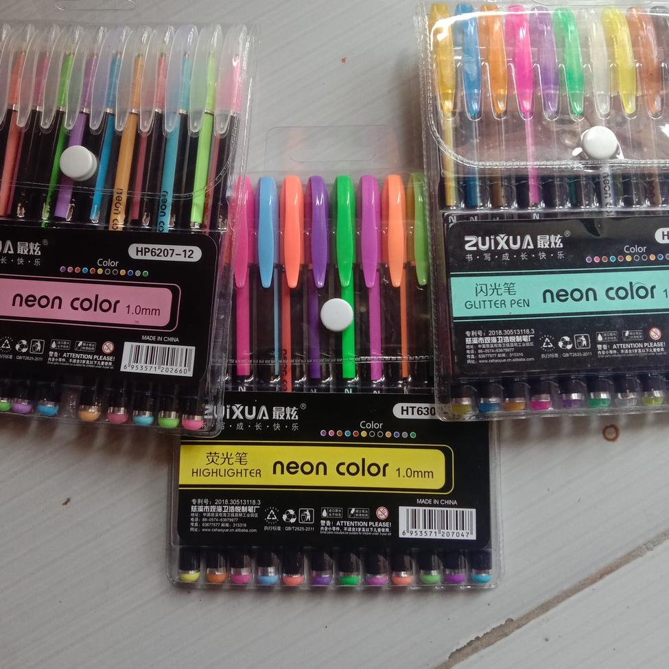 

[PRODUK JGSWU] PULPEN GEL NEON GLITER WARNA WARNI (12 PCS) RIZ