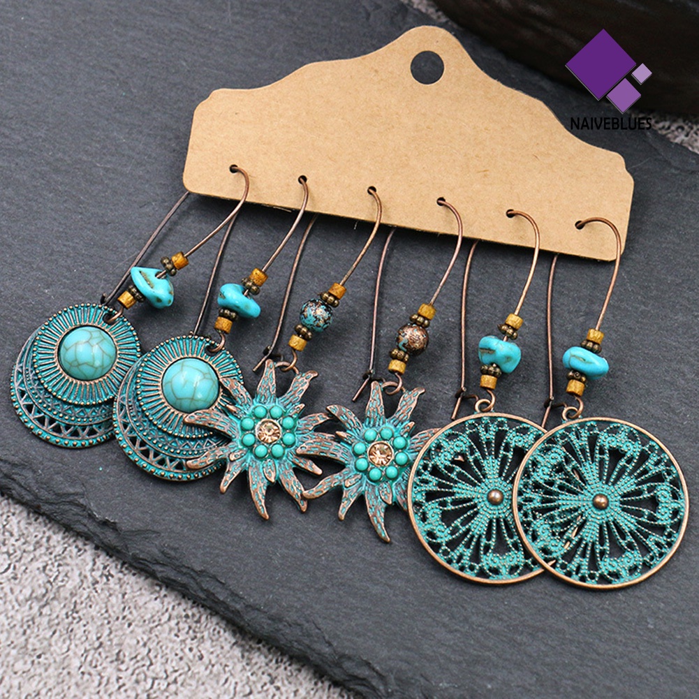 Set 3 Pasang Anting Kait Rumbai Bentuk Bulat Geometris Gaya Vintage Untuk Wanita