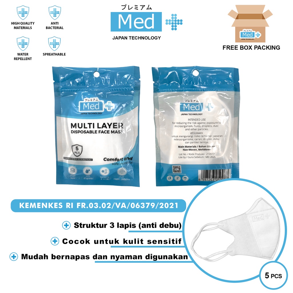 Med+ Masker Earloop Headloop 3Ply Disposable Facemask Original Sekali Pakai Isi 50Pcs (Kemenkes)-Duckbil Putih isi5