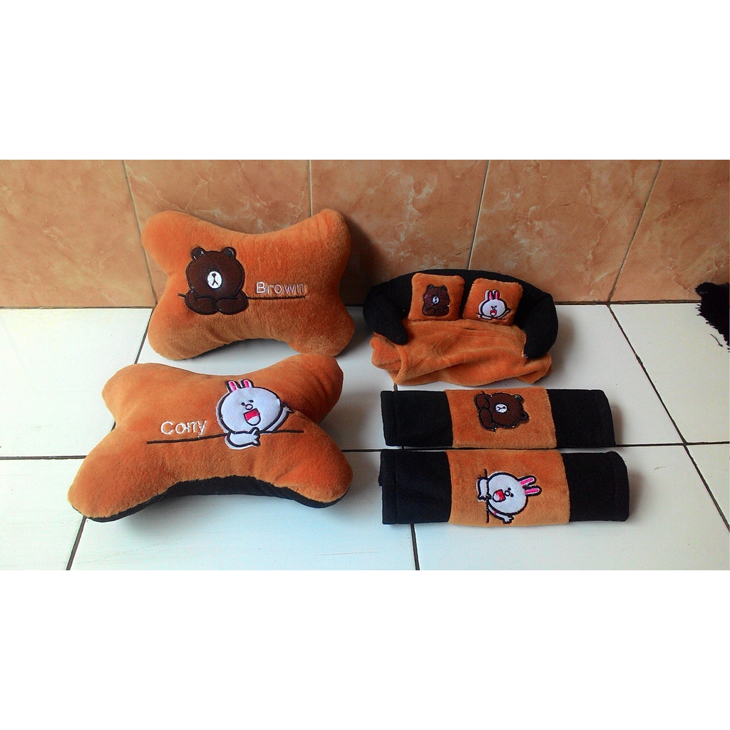 Bantal Mobil Karakter APLIKASI Coklat 3in1 Car Set Headrest Pillow Sandaran Kepala Leher 3in1 COKLAT