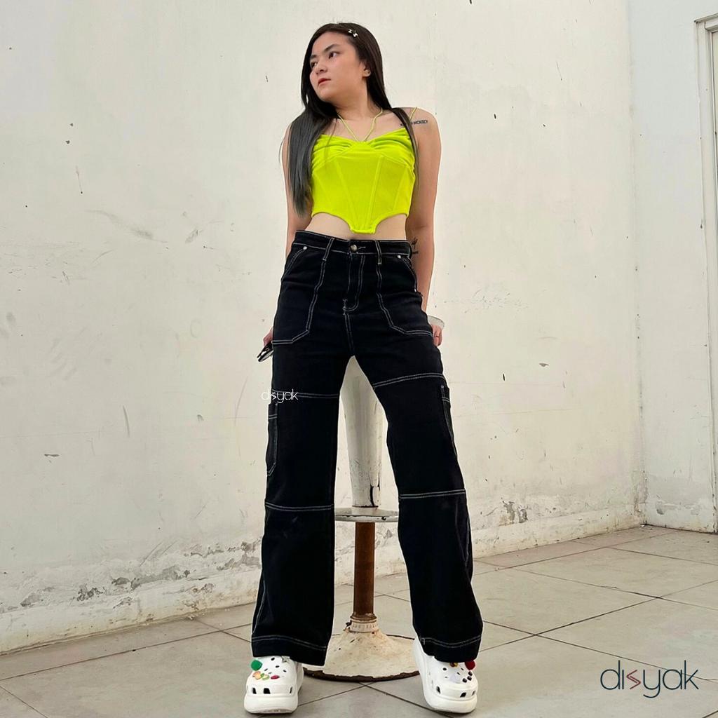 DISYAK - Cargo Pants Loose Highwaist Jeans Non-Stretch List Black 117-217