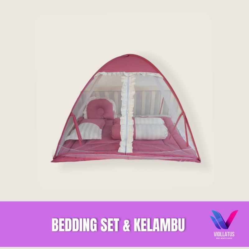 bedding set bayi dan kelambu bayi polos peach dan garis putih - set bedcover bayi - alas bayi
