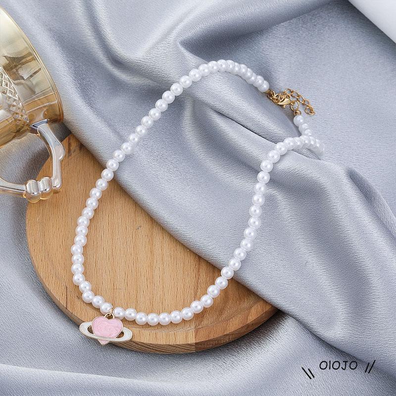 【COD】Kalung Rantai Dengan Liontin Hati + Planet Warna Pink Untuk Wanita