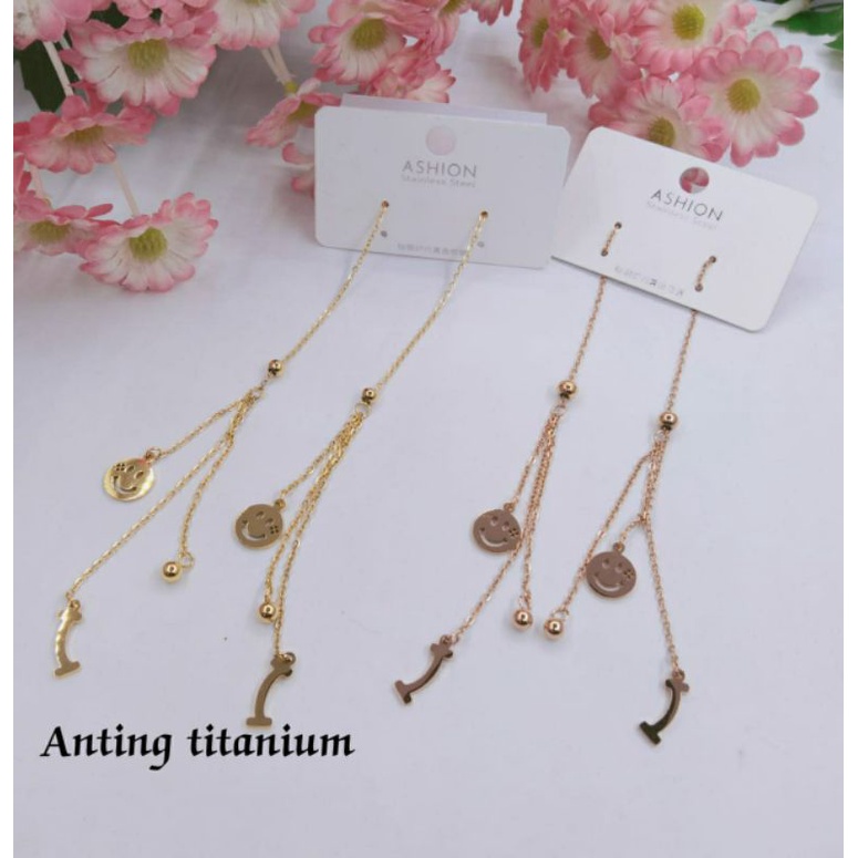 Fourfashion Anting Titanium Wanita Motif Smile Long Kekinian S125