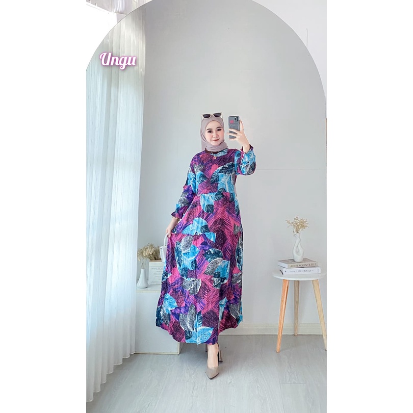 Gamis Rayon Viscose Motif Daun Bahan Adem Dingin / Coza Batik