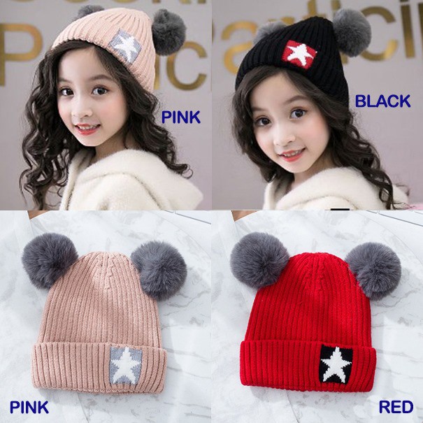 Topi Kupluk Knitted Anak Star PomPom