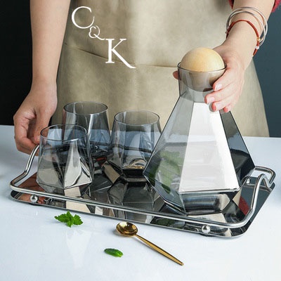 Set Gelas Air Minum Kaca Grey / Dengan Pitcher / Nampan Silver With Tray Import