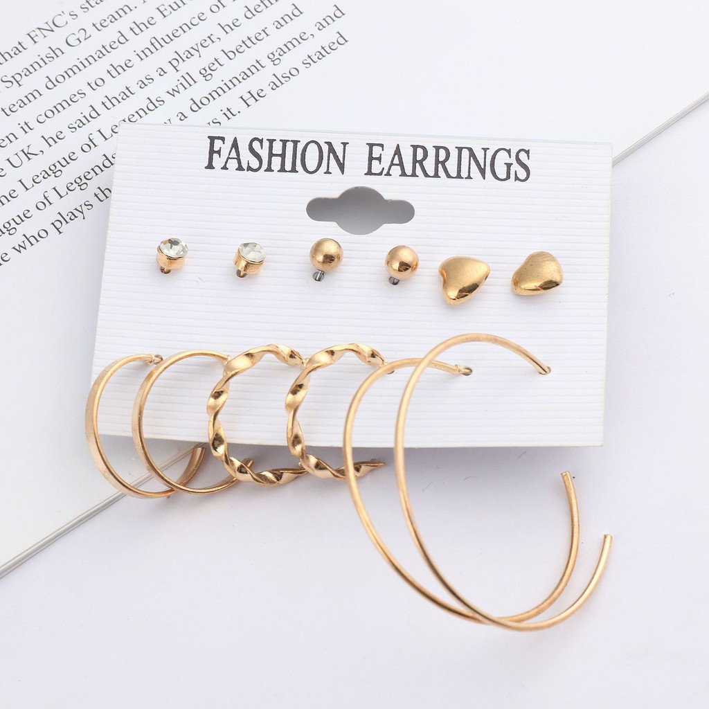 Anting Hoop 6 Pasang / Set Anting Tusuk Korea Mutiara Bulat Hati untuk Wanita Cantik Dalika