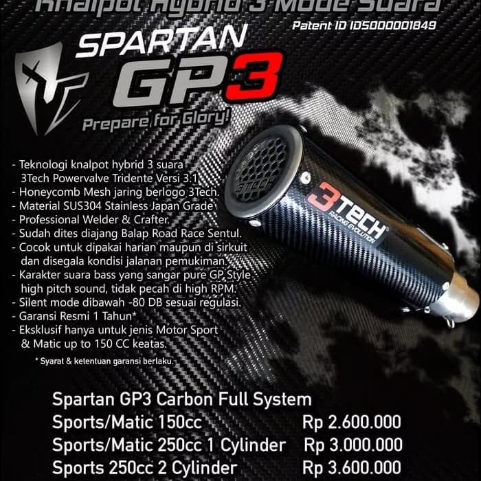 ssm-93 Knalpot 3 suara tipe Spartan GP3 (150cc) Carbon Edition