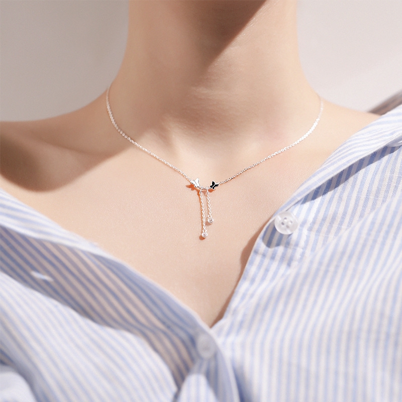 Kalung Liontin Korea Crystal Silver Chain Necklace Butterfly Pendant Necklaces Women Jewelry Gifts