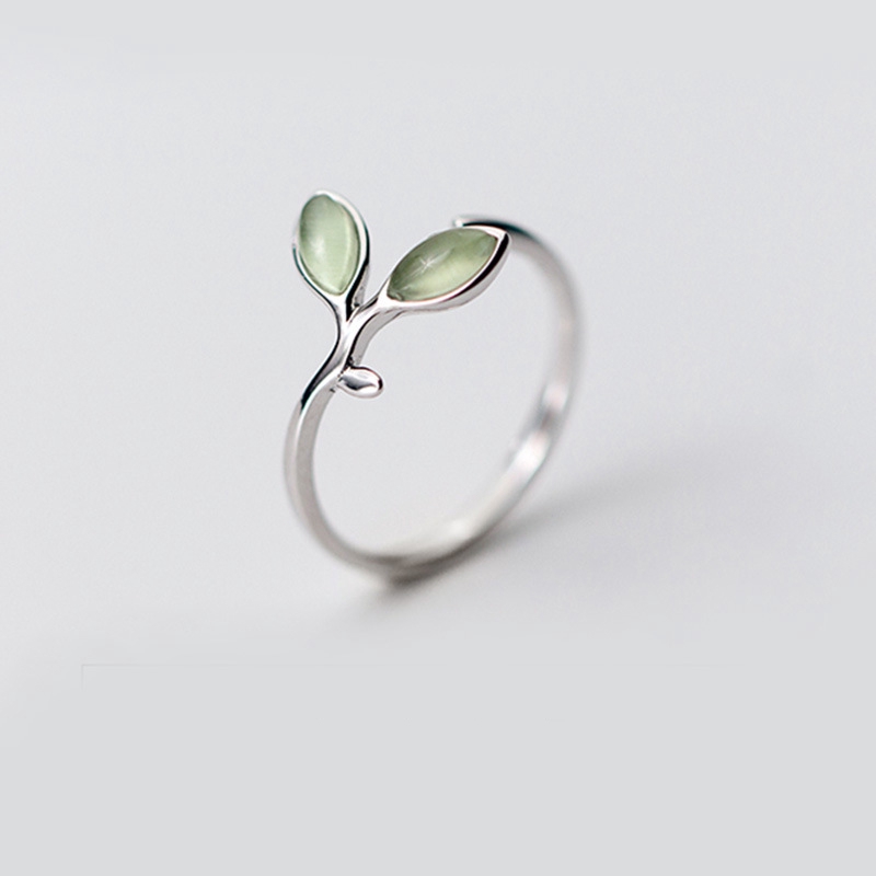 Cincin Casual Desain Daun Warna Hijau Silver Hias Kristal untuk Wanita