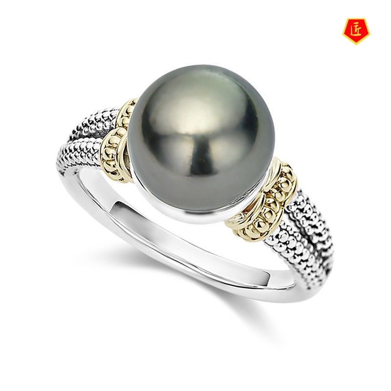 [Ready Stock]Gray Pearl Ring European and American round 925 Silver Engagement Ring