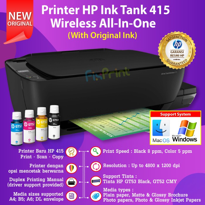 Printer Ink Tank HP 415 Print Scan Copy WiFi All-in-One Wireless With Tinta GT51 GT52 Support MAC OS