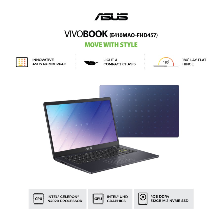 Asus Vivobook E410MAO Celeron N4020 4GB DDR4 512GB SSD 14&quot;FHD W11 OHS