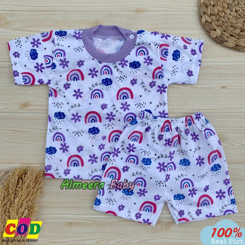 Setelan Baju Bayi Setelan Piyama Bayi Lengan Pendek Kancing Bahu Motif Pelangi Usia 3-12 Bulan Almeera Baby And Kids