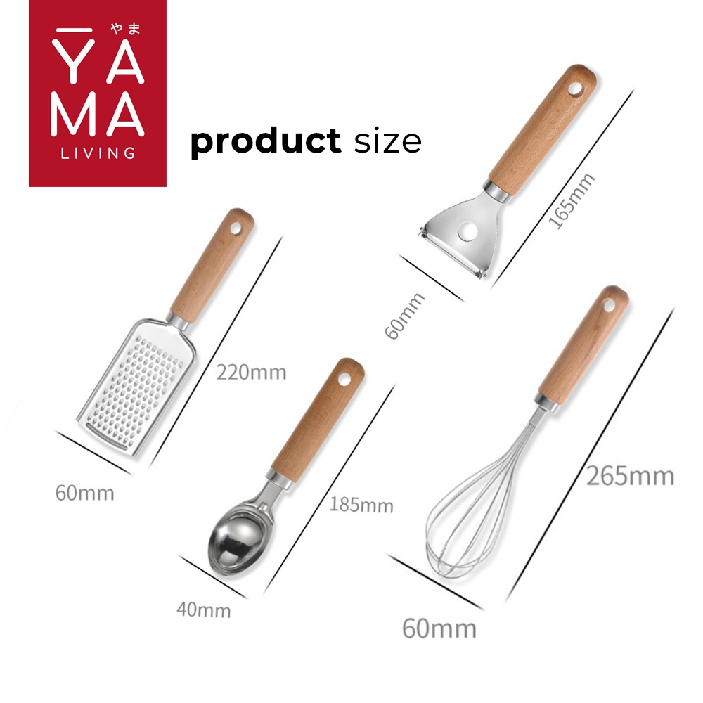 YAMA YUMA Kitchen Utensils Stainless Steel Peeler Buah Sayur Parutan Keju Sendok Es Pengocok Telur Kayu