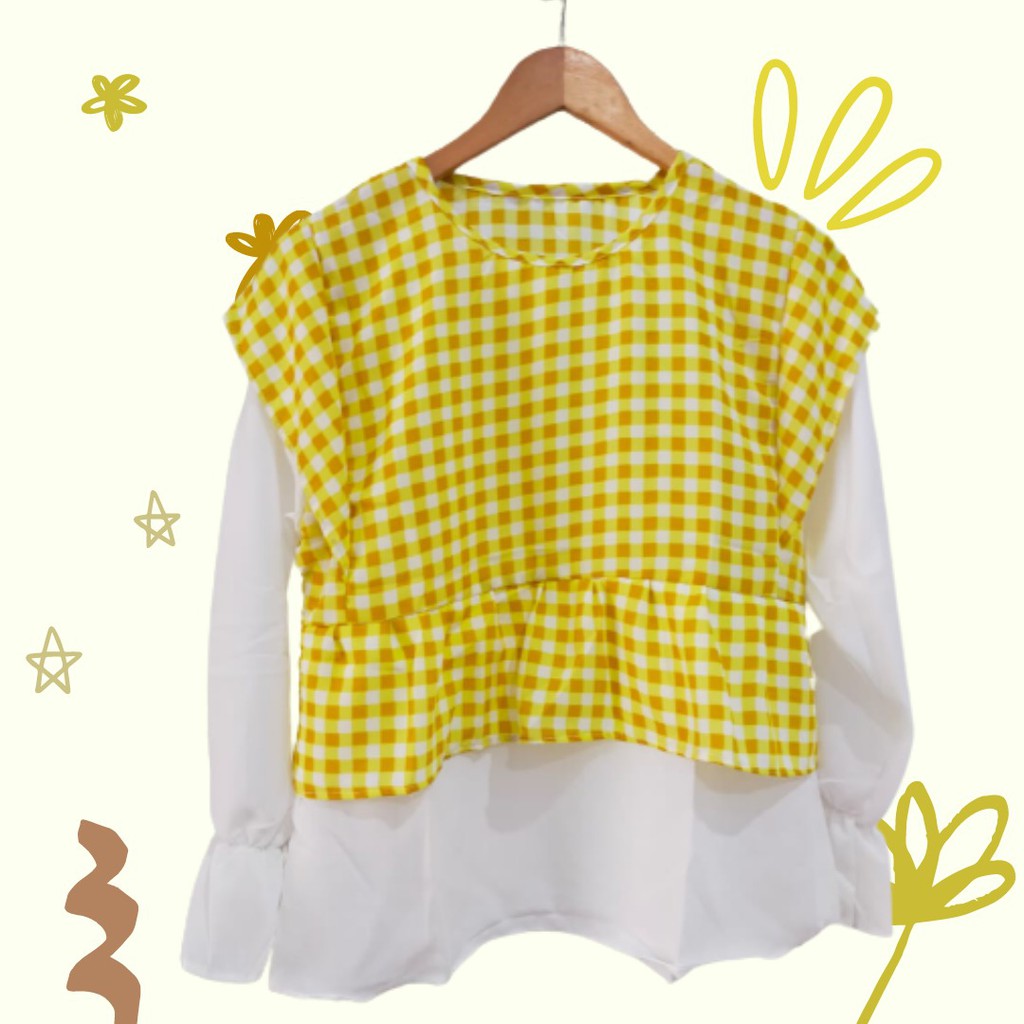 Tiara gingham top kombinasi / 2tone gingham shirt / atasan wanita cantik