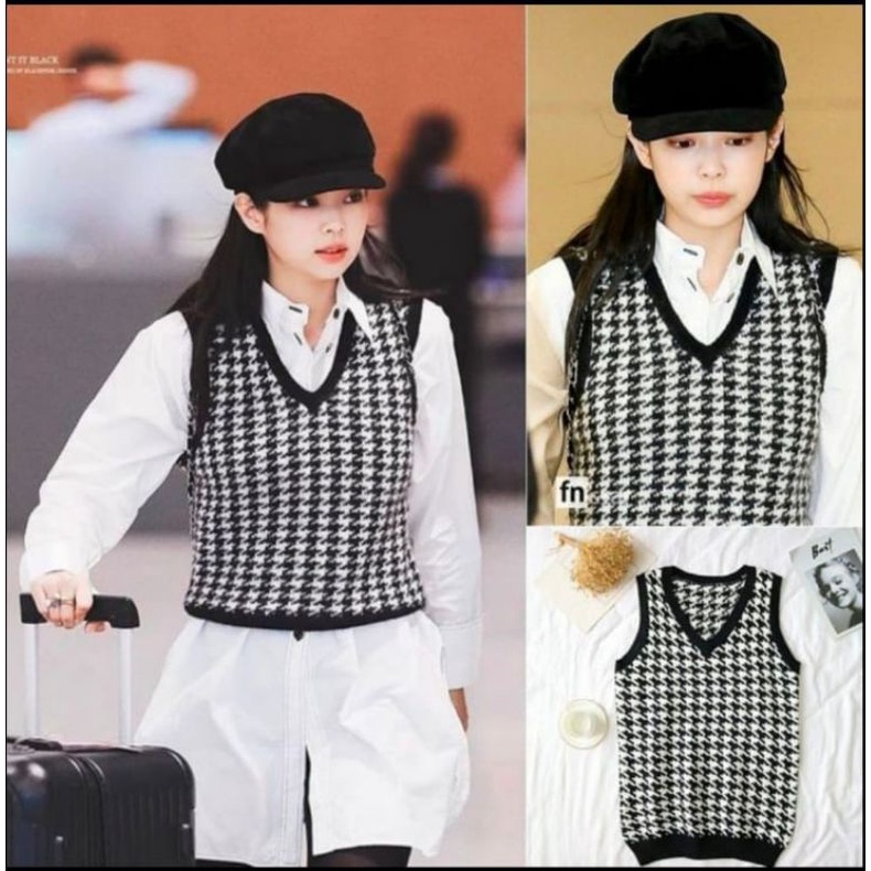 Jennie Vest Rajut / Rompi Houndstooth Rajut / ROMPI RAJUT TEBARU