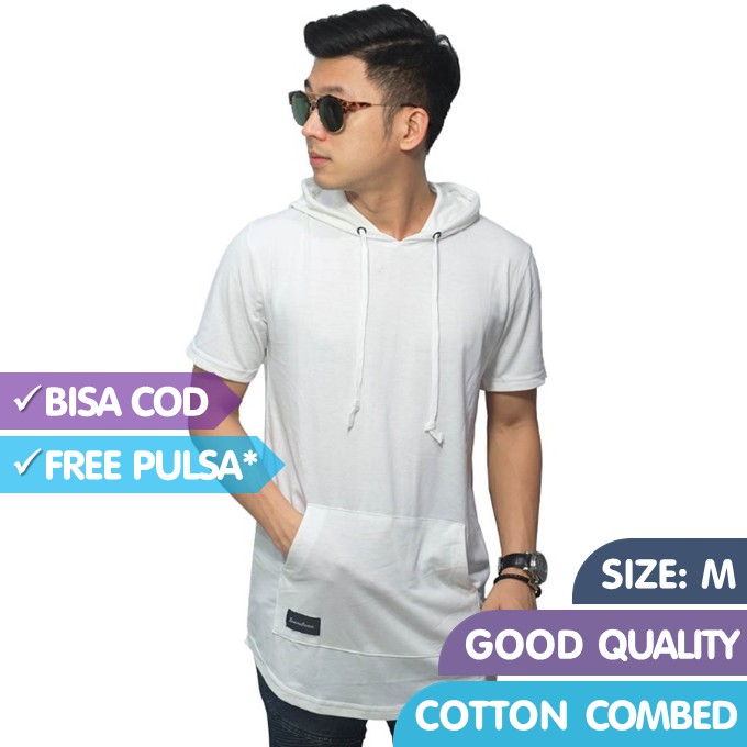Kaos Hoodie Polos Pria Model Longline T-Shirt Lengan Pendek Putih Cotton Combed Good Quality