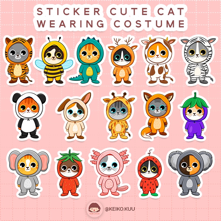 

STICKER KUCING LUCU PAKAI KOSTUM WATERPROOF ISI 16 PCS