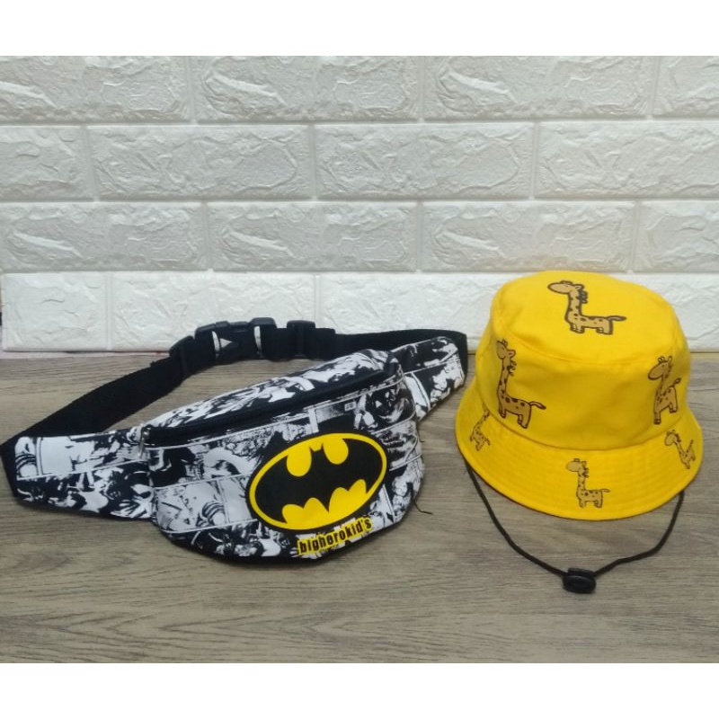 (BISA COD) Waistbag Batman 2in1 Tas SLempang anak laki-laki/topi bucket taly 2-9tahun