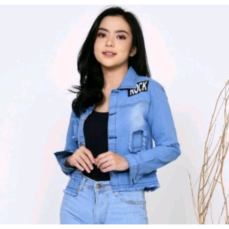 Jaket jeans crop wanita/Jaket jeans crop motif bordir rock new York/Jaket Levis import