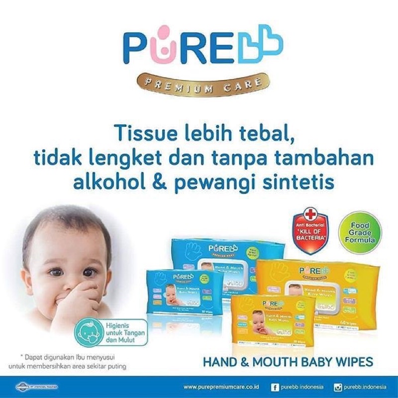 Pure Baby Wipes Foodgrade Hand n Mouth 60s Tisu Tissue Basah Bayi Mulut Tangan PH5.5 Kulit Sensitif Anti Bakteri