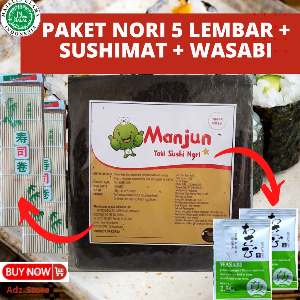 

Promo Combo Hemat [FREE WASABI] | PAKET NORI SUSHI RUMPUT LAUT MANJUN (5 LEMBAR) + SUSHI MAT + WASABI (2 PCS)