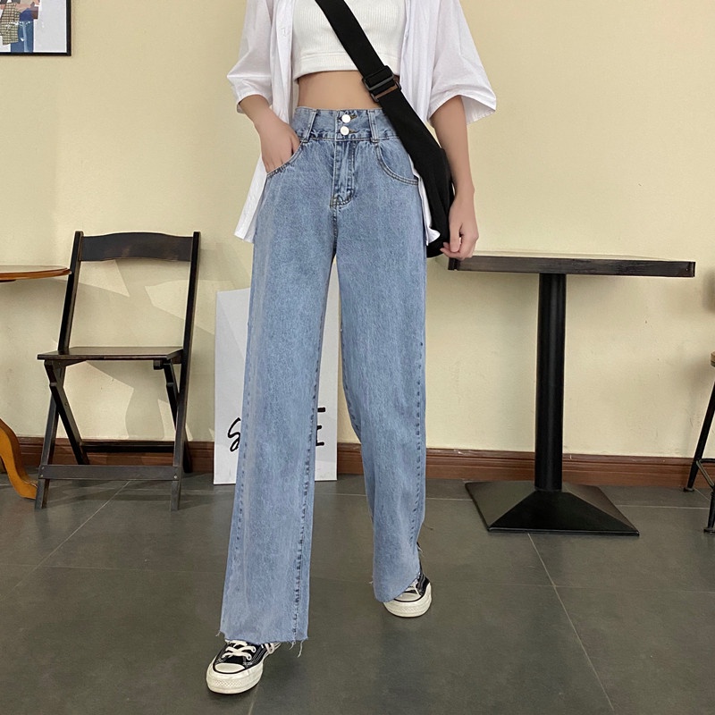 Celana Jeans Wanita High Waist Straight Pants Korean Style Celana Panjang