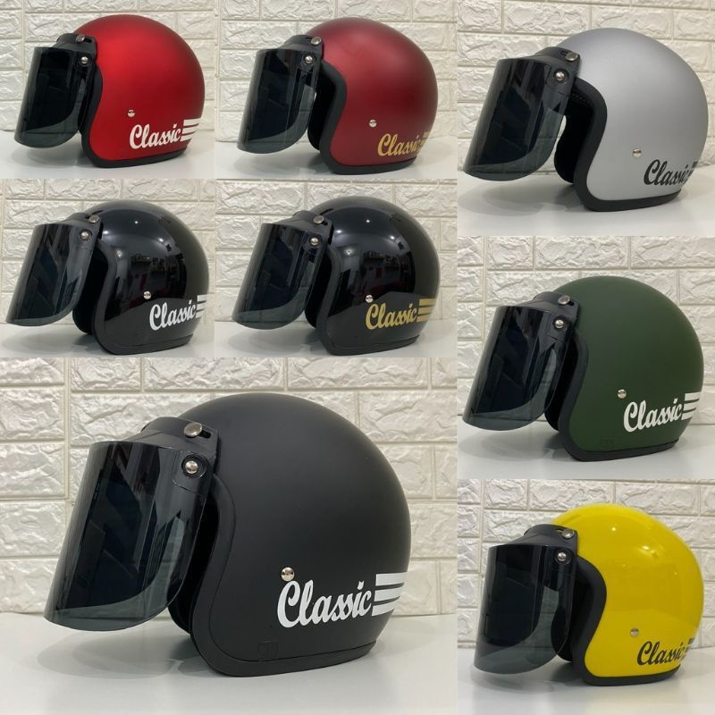 HELM BOGO DEWASA CLASIK TIGA GARIS+KACA FREE PACKING DAN PENGAMAN
