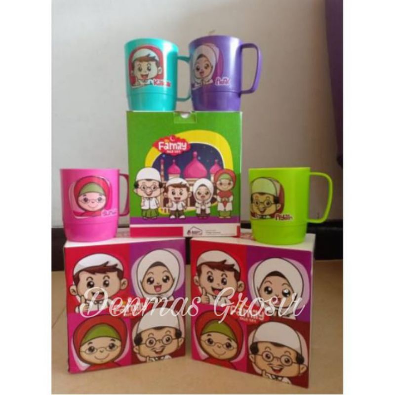 (COD) Mug family/ Mug Karakter 4Pcs / Gelas Plastik