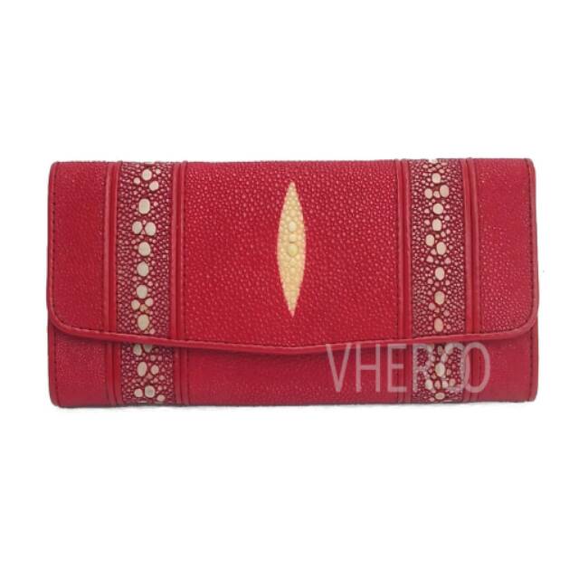 Dompet Wanita Kulit Pari Lipat 3 Double Duri Merah