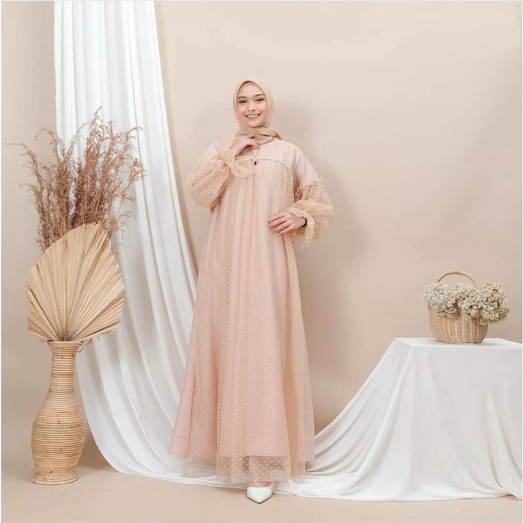 NEW- Raufa Dress Mosscrepe Mix Tille Dot JUMBO M-XL / BAJU DEWASA MURAH TERBARU 2021 / Gamis Kondangan Wanita