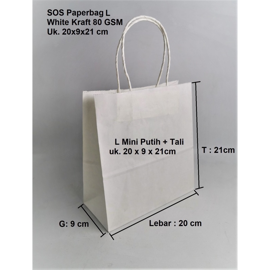 

Paperbag SOS L Putih 20x9x21 cm + Tali Putih Twist