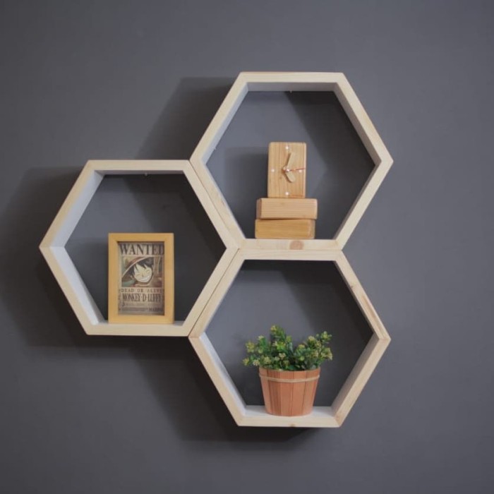 Rak Dinding Kayu Hexagonal Hiasan Dinding