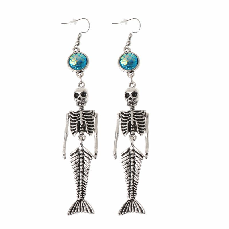 SIY  Beauty Fish Skeleton Sliver Hook Dangle Earrings Gothic Skull Fashion Jewelry
