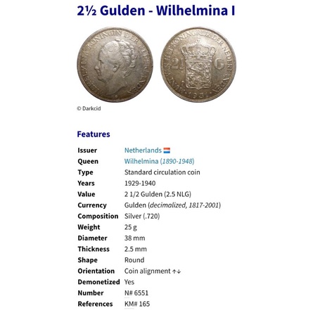 Image of koin kuno 2,5 Gulden Wilhelmina 1939 XF to aU #4