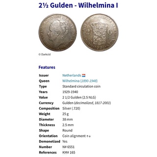 Image of thu nhỏ koin kuno 2,5 Gulden Wilhelmina 1939 XF to aU #4