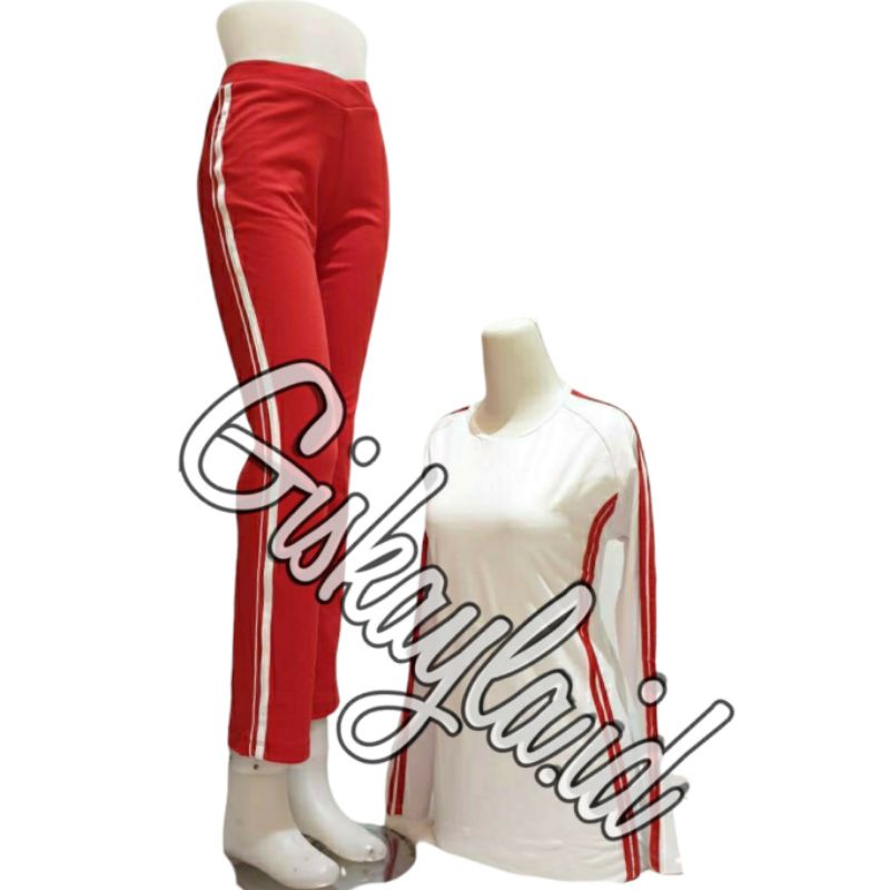Setelan celana senam panjang baju senam celana senam panjang - PUTIH MERAH