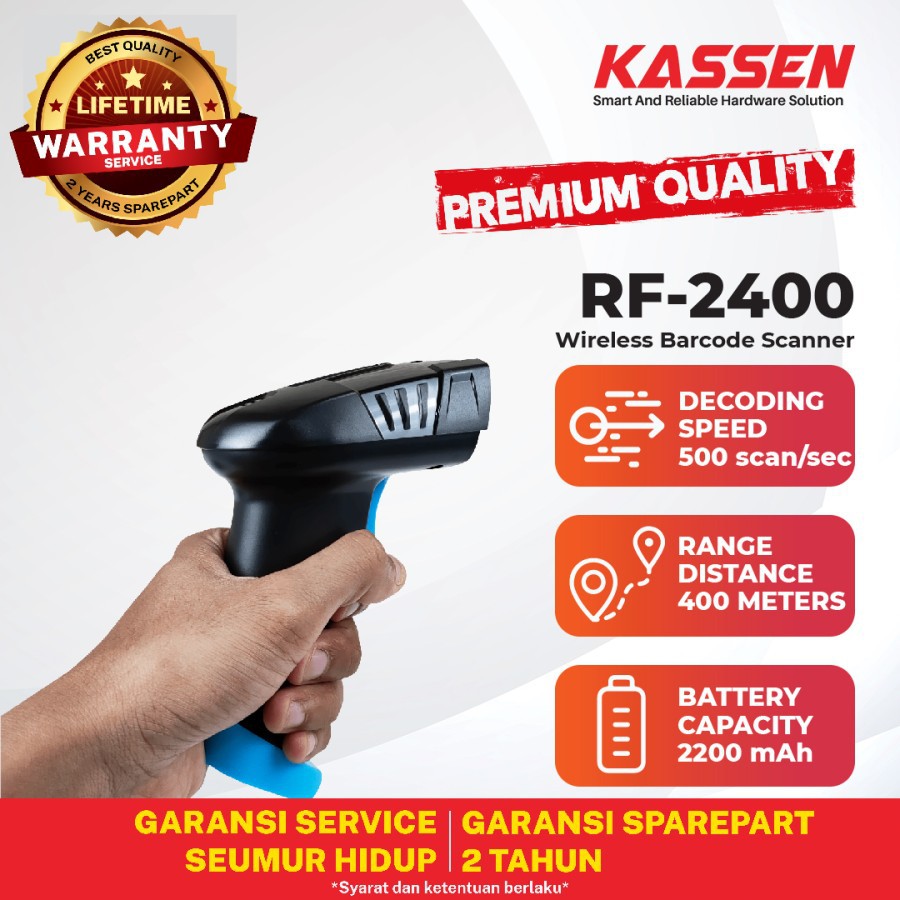 BARCODE SCANNER UP TO 400M TAHAN 7 HARI KASSEN RF-2400 1D/2D WIRELESS