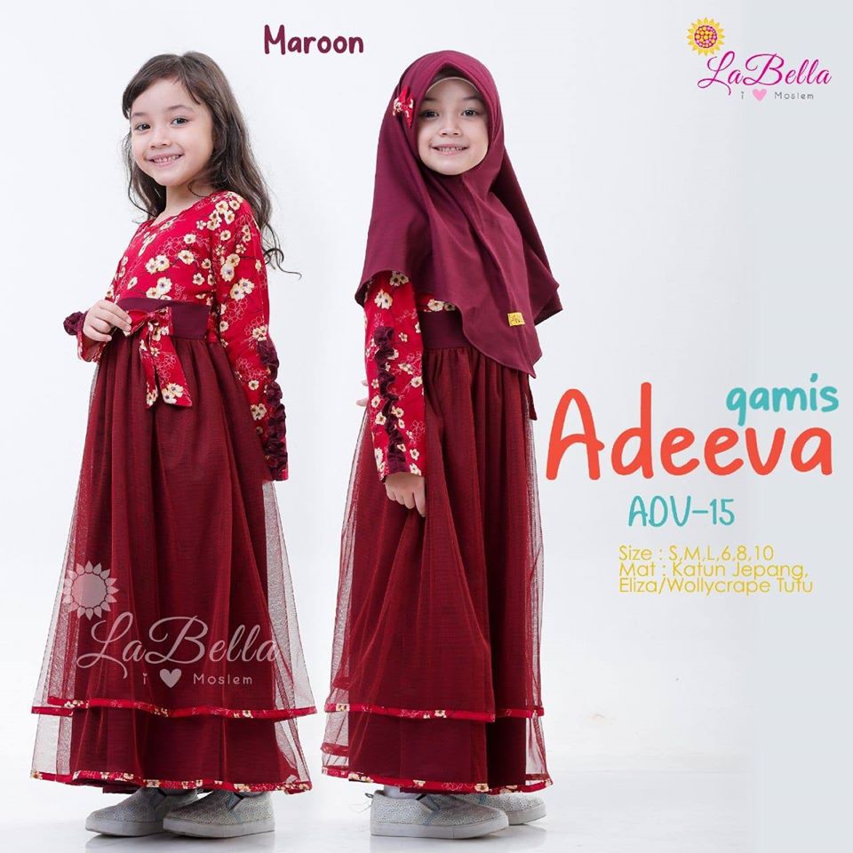 ADV 15 Baju Muslim Gamis Anak Labella Adeeva Maroon Dress