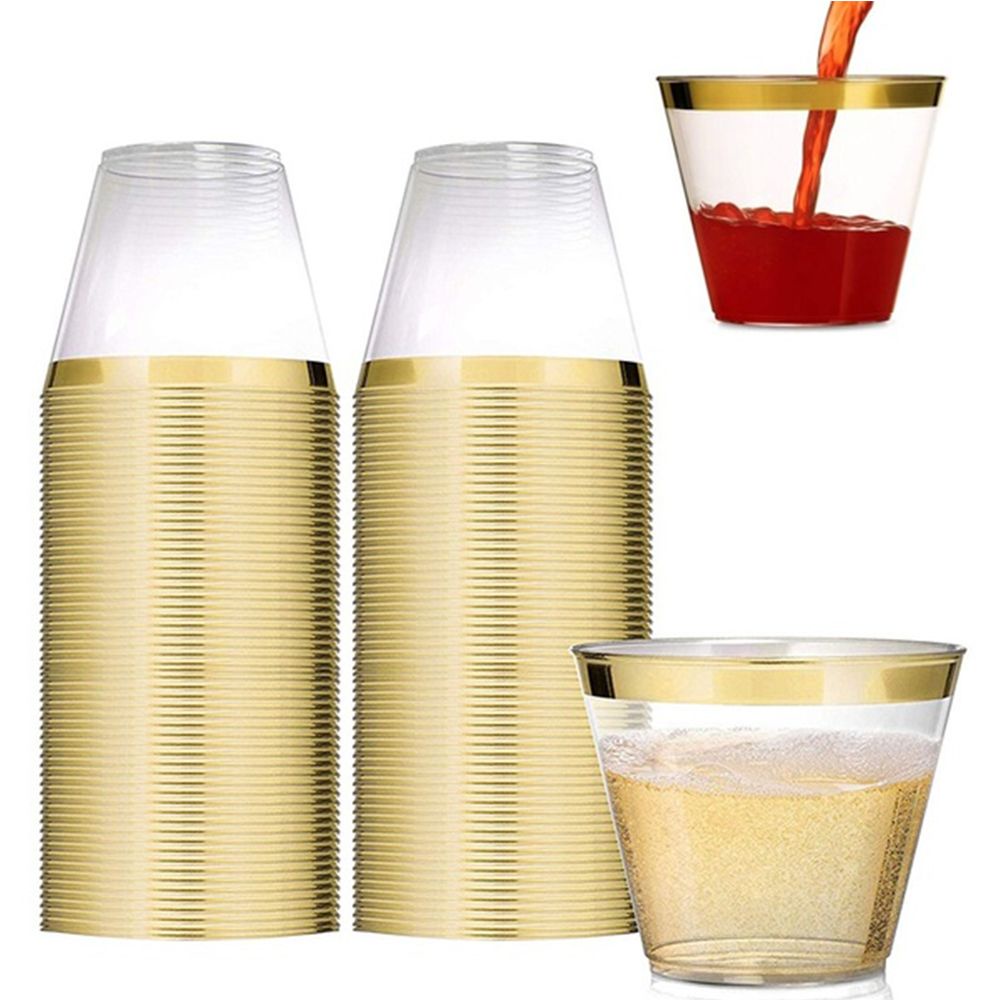 Disposable Plastic Cups Rose Gold Rimmed Transparent Cups Tableware for Wedding Birthday Party Cups