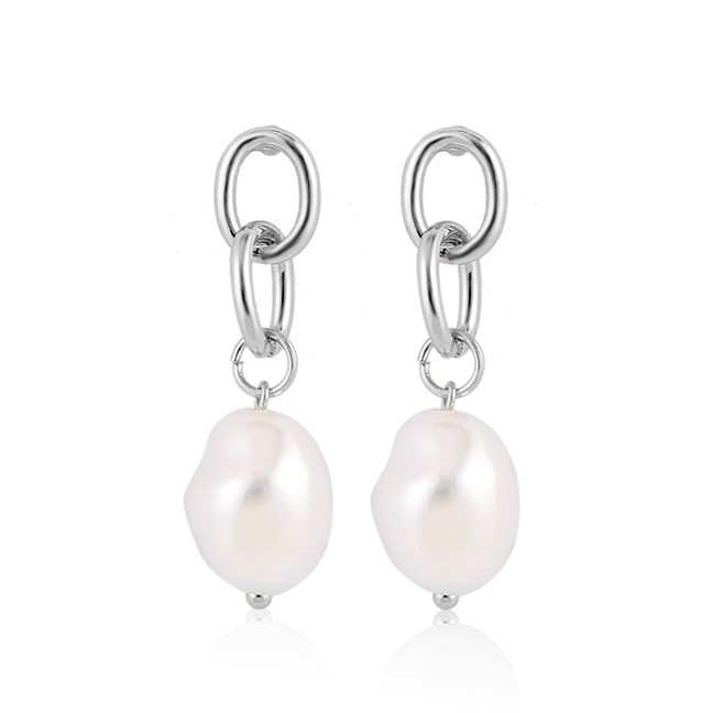 LRC Anting Tusuk Fashion Silver Chain Pearl Drop Shaped Pierced Earrings K03749