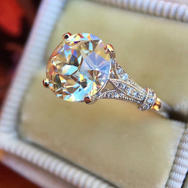 Cincin Emas Putih 18 K Warna Putih dengan Liontin Bulat untuk Pertunangan