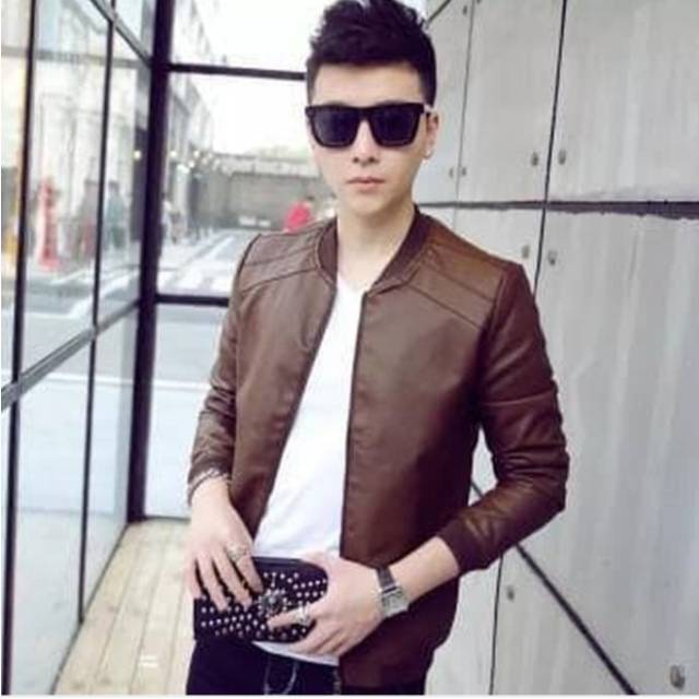 Jaket bomber kulit asli casual pria