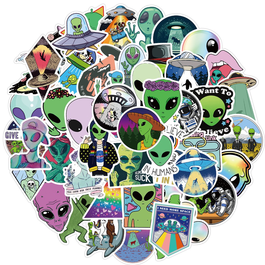 50pcs Stiker Graffiti Kartun Alien Bahan Pvc Anti Air Untuk Laptop